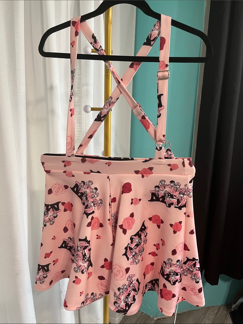 Pink Floral Graphic Suspender Skirt